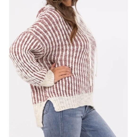 POL Chunky Sweater Women's Large Pink White Striped Hooded Wool Blend Soft Boho - Picture 1 of 10